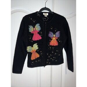 Talbots Petites P Textured Angels Embroider Black Zip Cardigan Sweater Wool FLAW